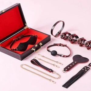 Kit sado de lujo Esposas tobillera antifaz y latig